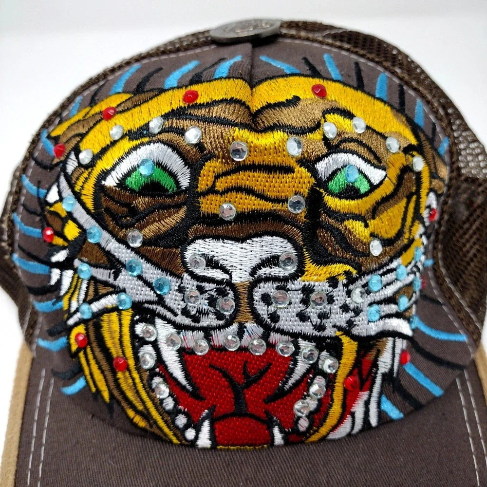Ed Hardy Mens Brown Tiger Rhinestone Trucker Hat Christian Audigier Snapback Cap